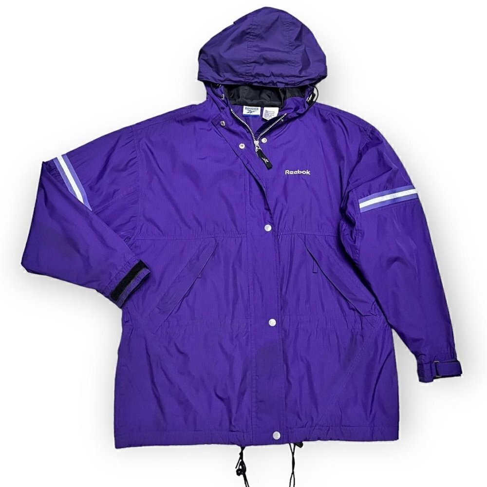Reebok Vintage Y2K 90s Purple Long Designer Windbreaker Jacket - Mens Medium
